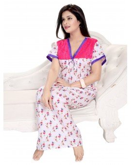 High Quality Pure Cotton Floral Print Long Nighty - White and Pink